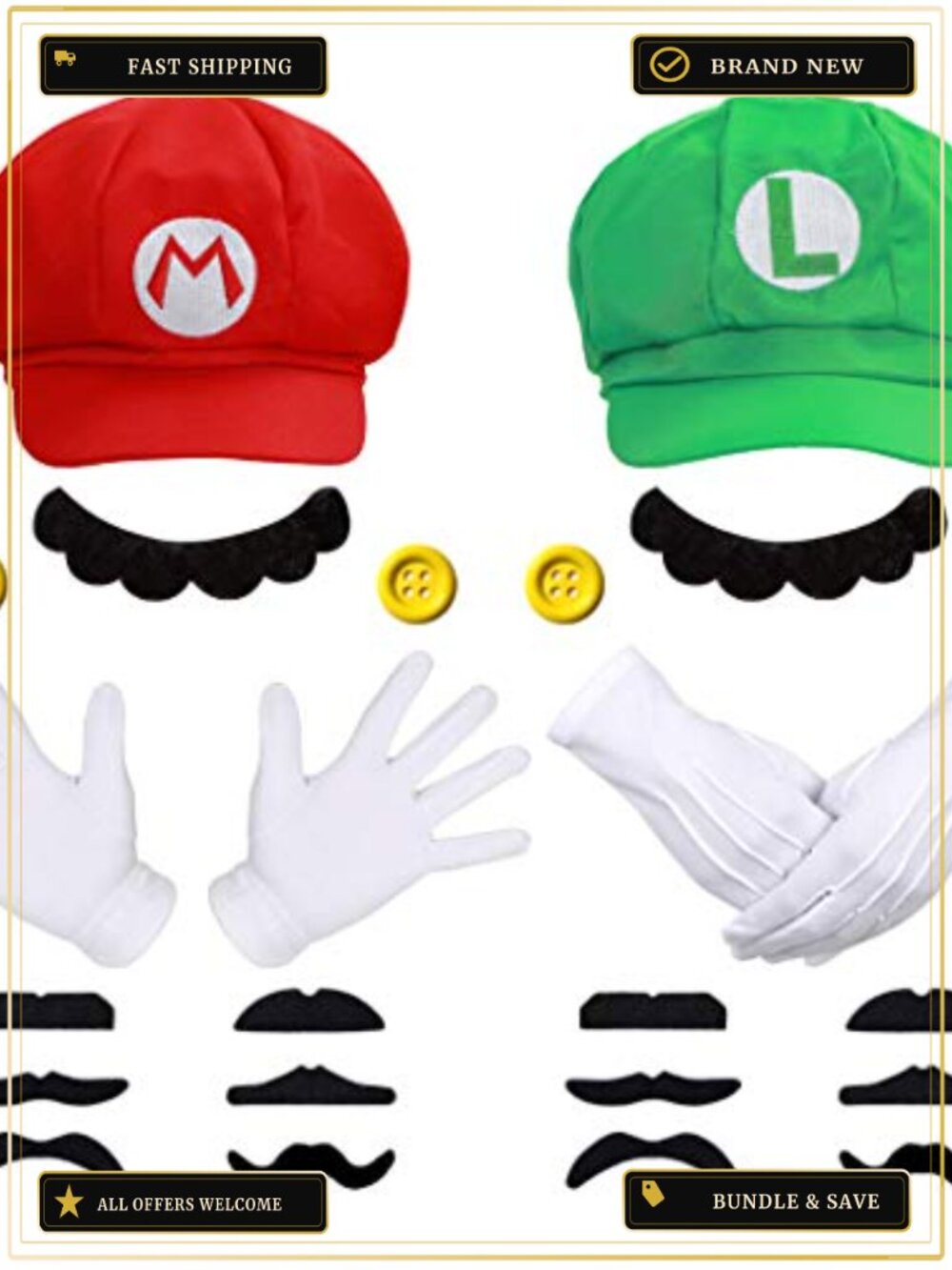 Super Bros Cosplay Costume Set Caps Mustaches Suspenders Gloves Buttons